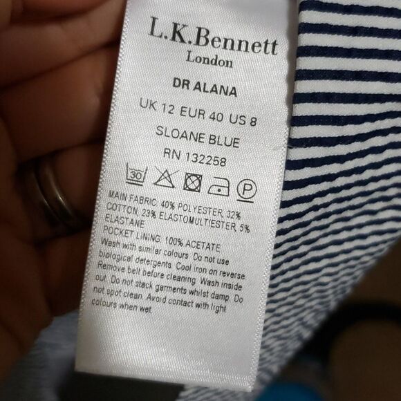 𝅺l.k. Bennett women's Dr. Alana Size 8 Dress Blue and White stripes with pocket - Picture 9 of 11